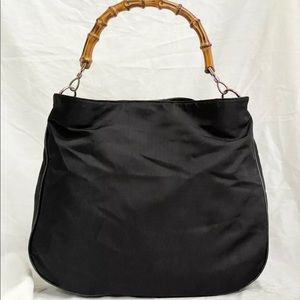 GUCCI Bamboo Handle Black Nylon Hobo Hand Bag